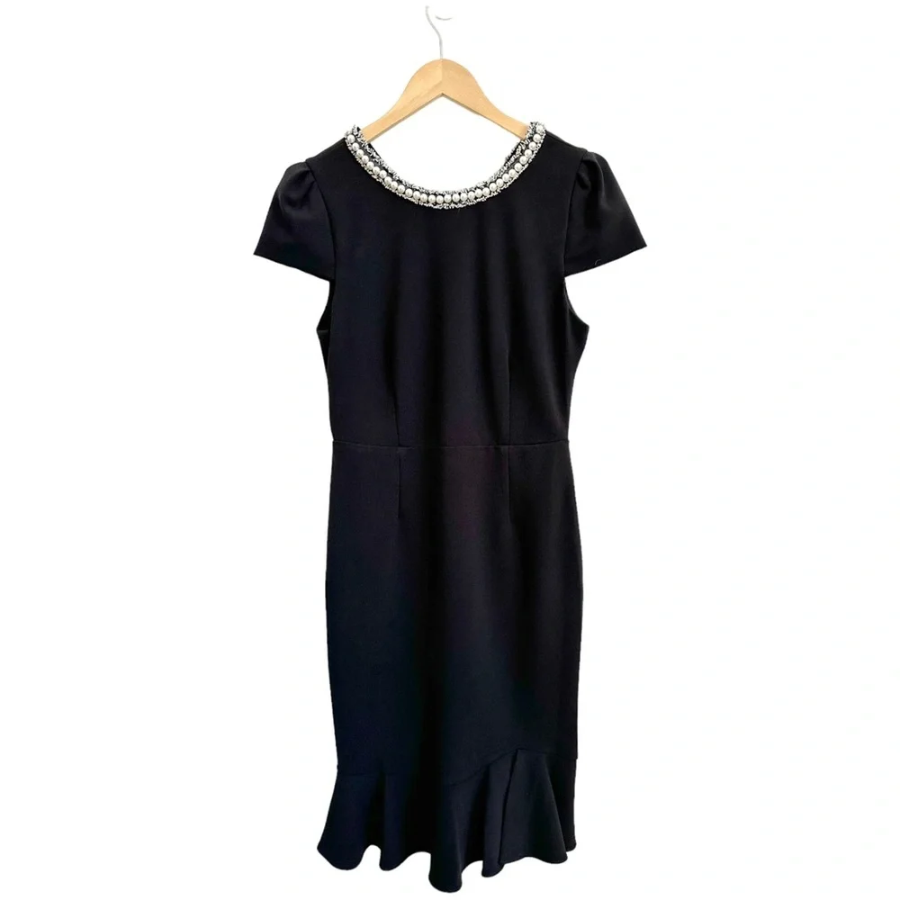 Betsey Johnson Black Dress Pearl Fringe Collar Black Cap Sleeve Ruffle Hem Sz 8 - Picture 4 of 16